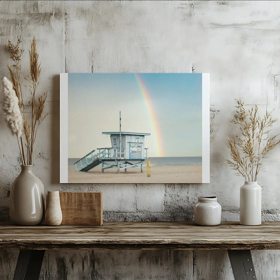 Beach Rainbow Wall Art | Vintage Lifeguard Tower Photography | Premium Framed Canvas | Coastal Home Decor Gift