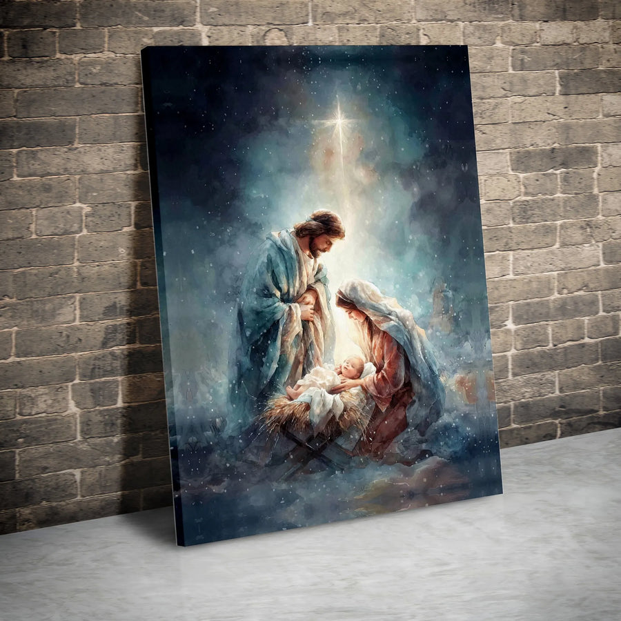 Nativity Scene Canvas Print | Holy Family Watercolor Art | Premium Gallery Wrapped Wall Decor | Christian Christmas Holiday Gift