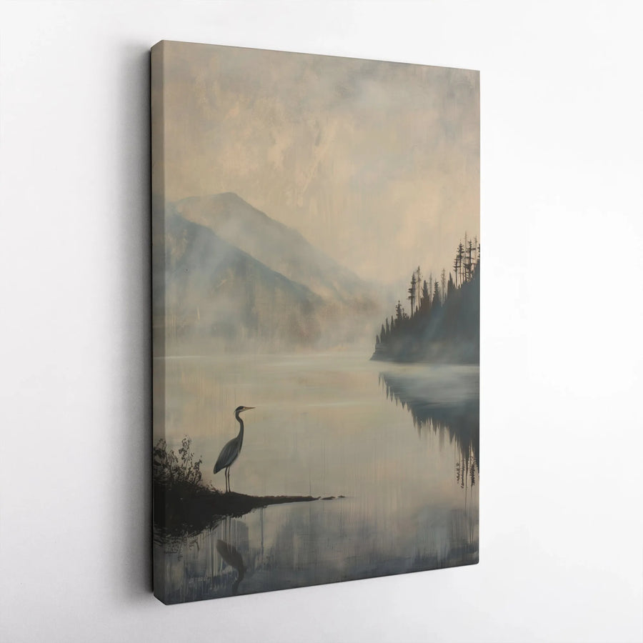 Misty Lake Heron Canvas Print | Serene Mountain Forest Landscape Art | 1.25-Inch Gallery Wrap Profile | Nature Lover Home Decor Gift