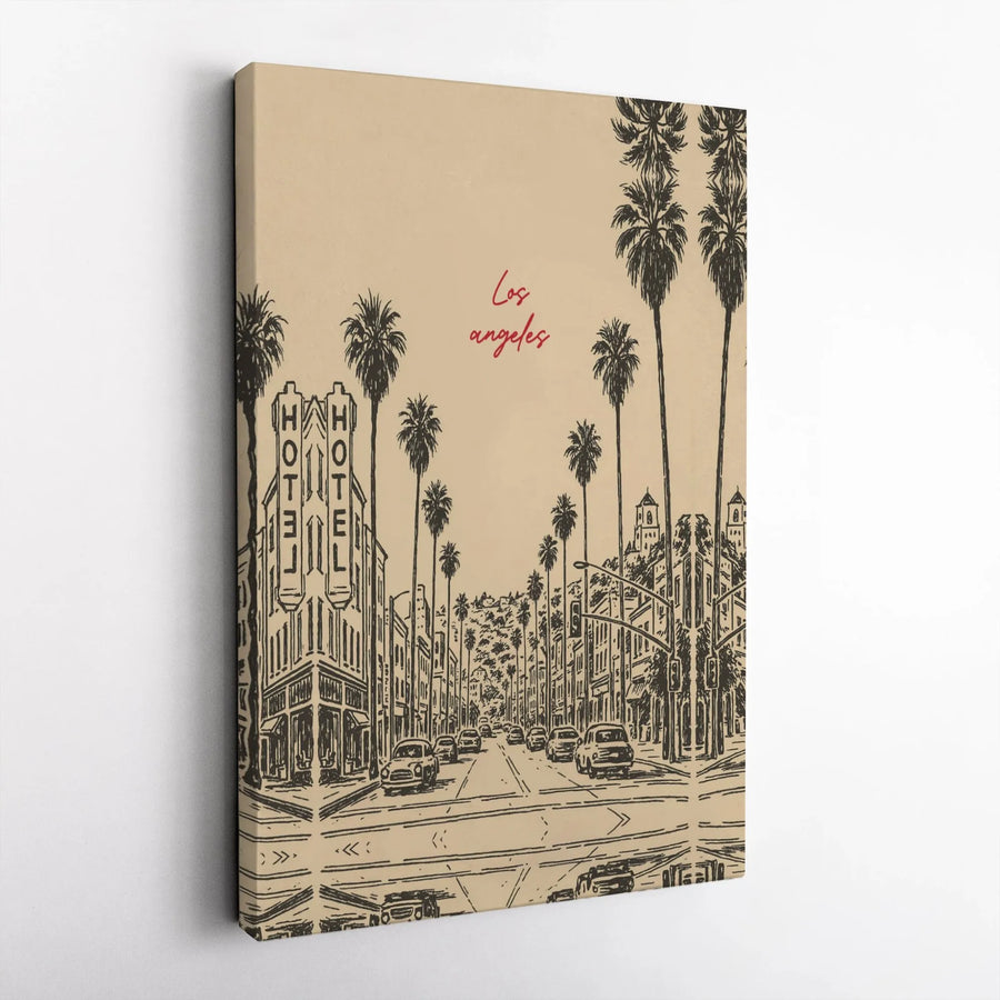 Los Angeles Canvas Wall Art | Vintage Sketch Palm Tree Street Scene | Premium Gallery Wrap Print | California Decor Gift for Home Office