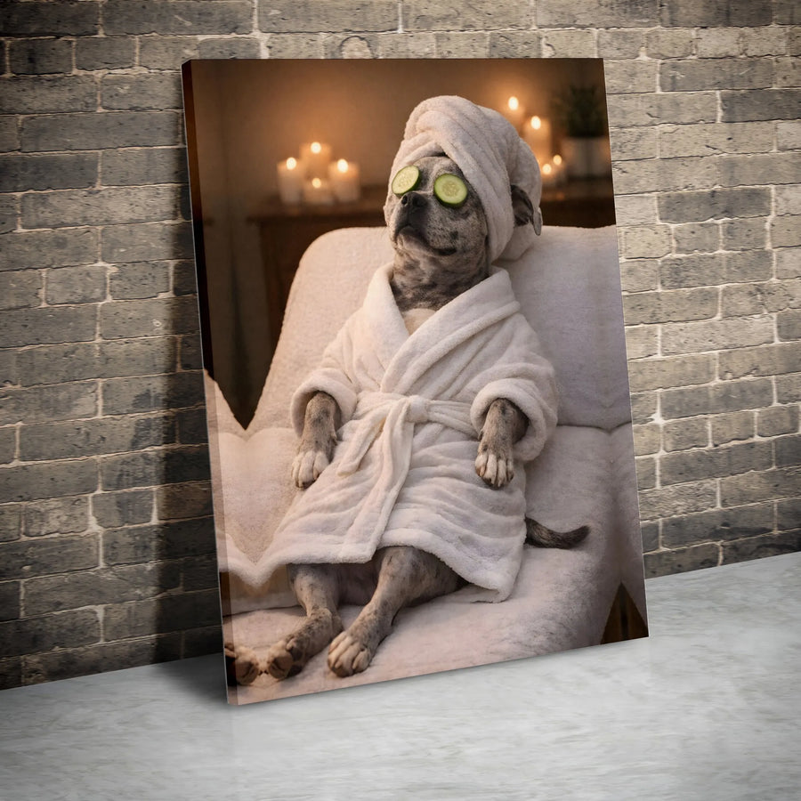 Funny Dog Spa Canvas Wall Art | Relaxing Puppy in Bathrobe Portrait | Premium Gallery Wrap Print | Whimsical Bathroom Decor Gift for Dog Lovers