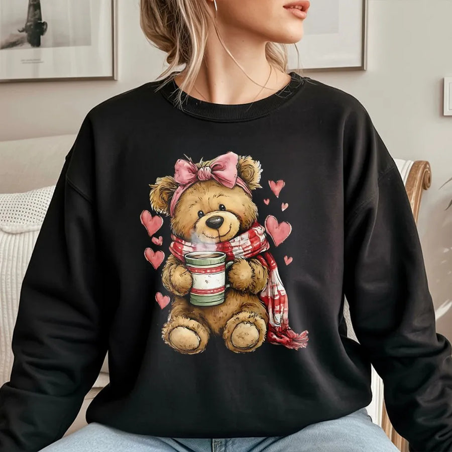 Valentine Teddy Bear Sweatshirt | Cozy Coquette Bow Illustration | Premium Cotton Blend | Romantic Gift for Her & Couples