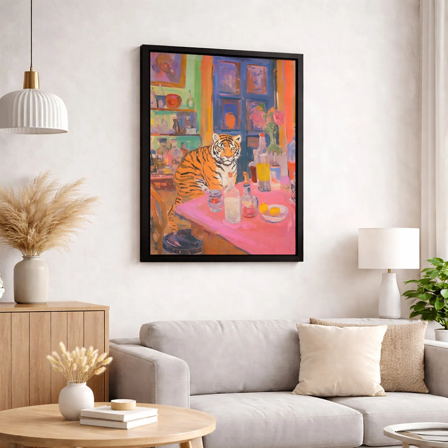 Tiger Bar Painting Canvas Art | Whimsical Colorful Tiger Sitting At Table | Gallery-Wrapped Premium Print | Unique Animal Lover Home Decor Gift