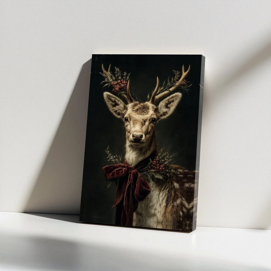 Christmas Deer Wall Art | Vintage Portrait With Red Velvet Bow | Premium Stretched Canvas Print | Holiday Home Decor For Animal Lovers