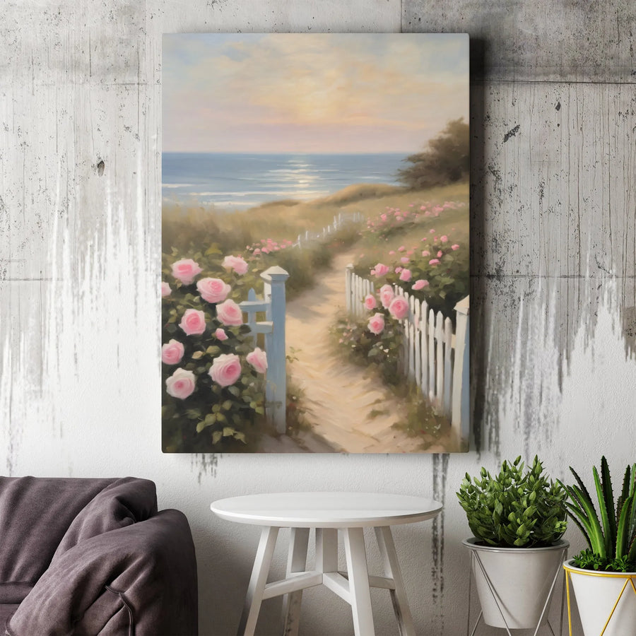 Coastal Rose Garden Canvas Wall Art | Vintage Seascape Path with Pink Roses | Premium Gallery Wrapped Canvas | Beach House Wall Decor Gift