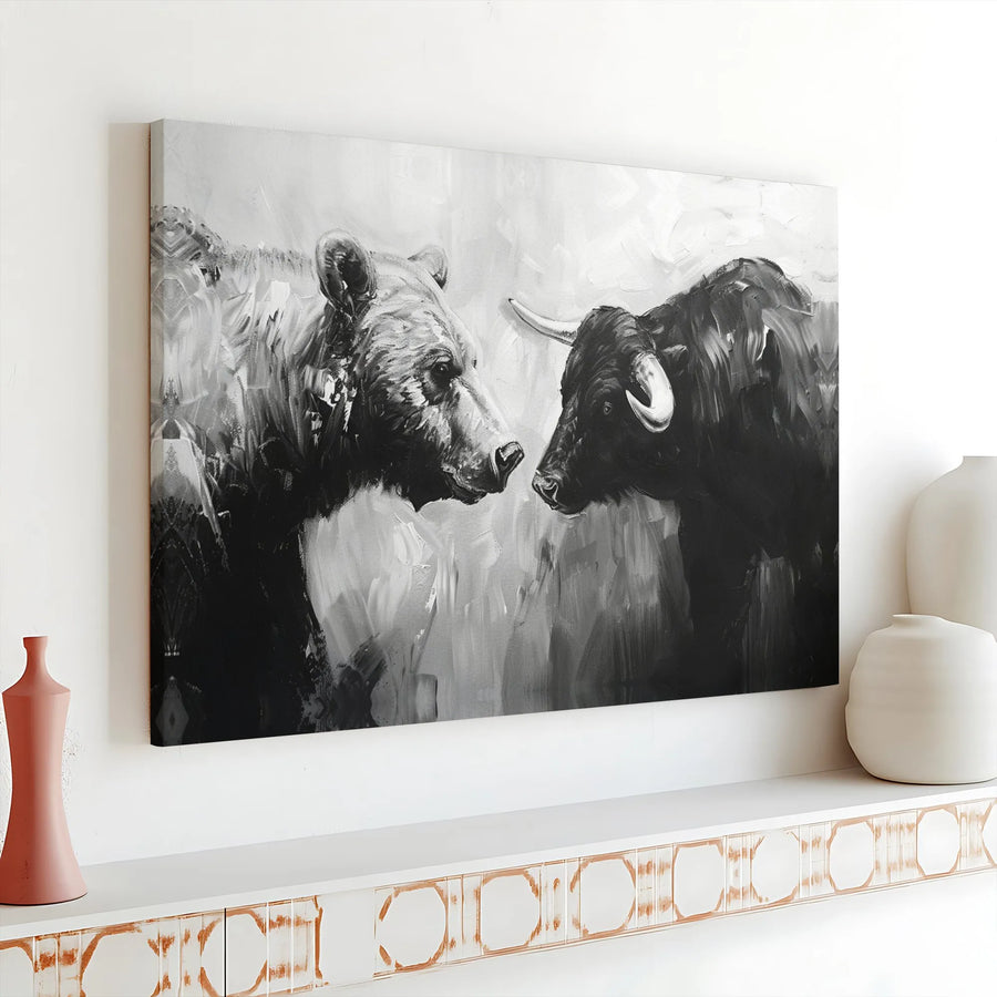 Bull vs Bear Stock Market Canvas Art | Black and White Wall Decor | Premium Gallery Wrap Print | Financial Office Trading Wall Art