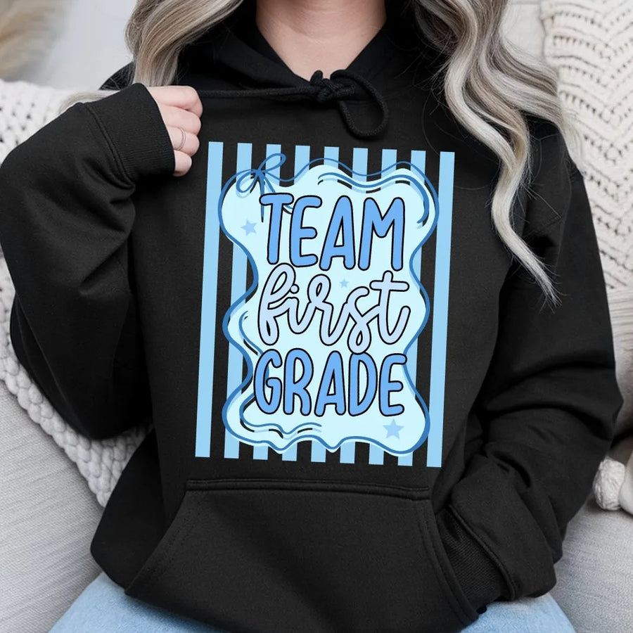 First Grade Teacher Team Shirt | Cute Back to School Striped Design | Premium Soft Cotton Tee | Gift for Elementary Teacher Squad