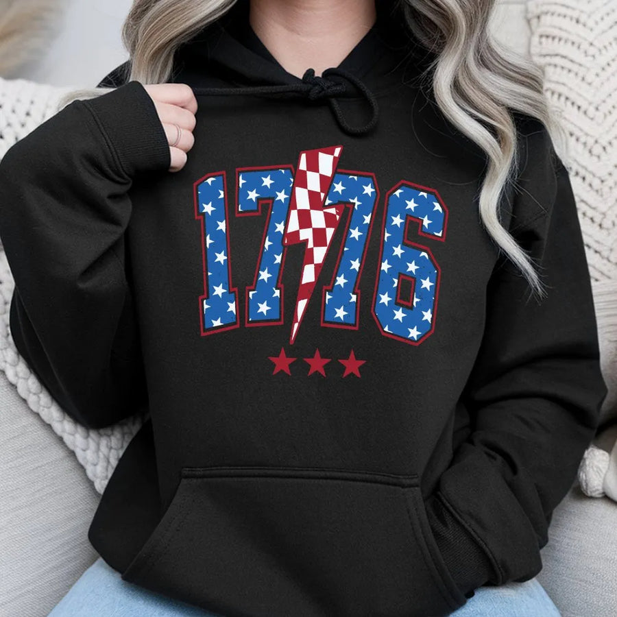 Vintage 1776 Hoodie | Patriotic USA Flag Lightning Bolt Graphic | Premium Cotton-Blend Sweatshirt | 4th of July Gift for Men Women