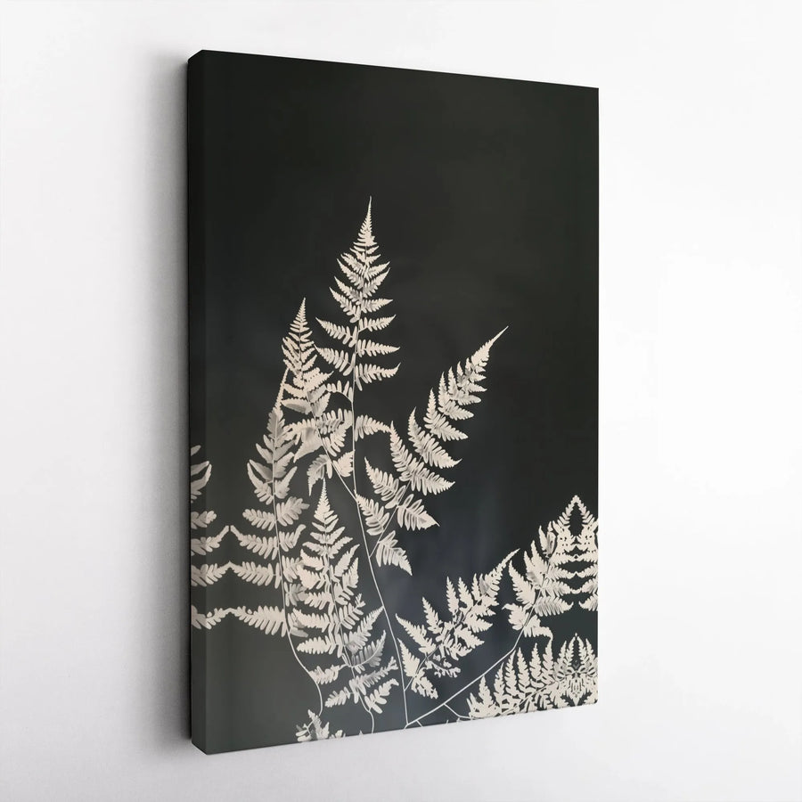 Botanical Fern Wall Art | Minimalist White Leaf Print on Black | 1.25-Inch Gallery Wrapped Canvas | Modern Nature Home Decor Gift