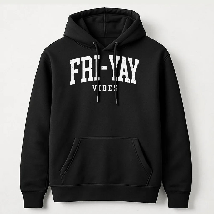 Fri-Yay Vibes Hoodie | Varsity Letter Graphic Pullover | Soft Cotton-Polyester Blend | Casual Weekend Teacher Gift For Women