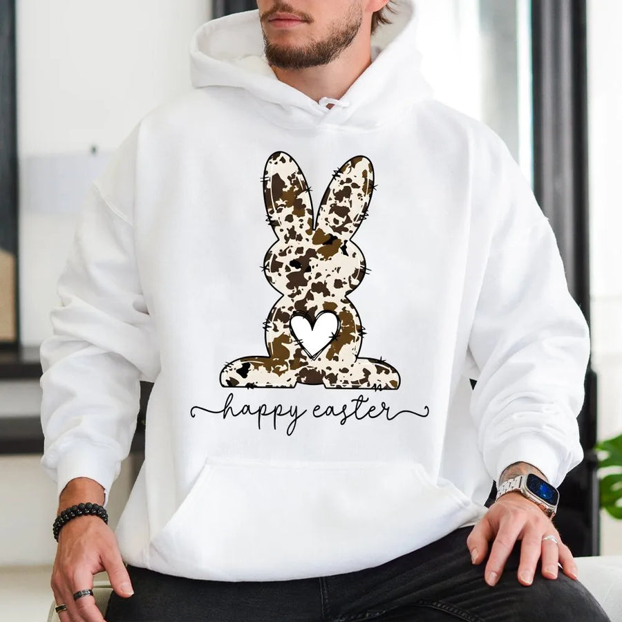Happy Easter Bunny Hoodie | Cow Print Rabbit Heart Graphic | Premium Cotton Blend Unisex Sweatshirt | Cute Spring Holiday Gift for Her