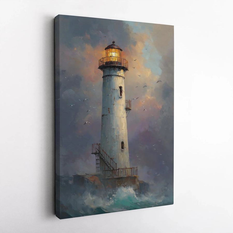 Lighthouse Canvas Wall Art | Stormy Ocean Oil Painting Style | Premium Gallery Wrap 1.25" Profile | Coastal Home Decor Gift for Beach Lovers