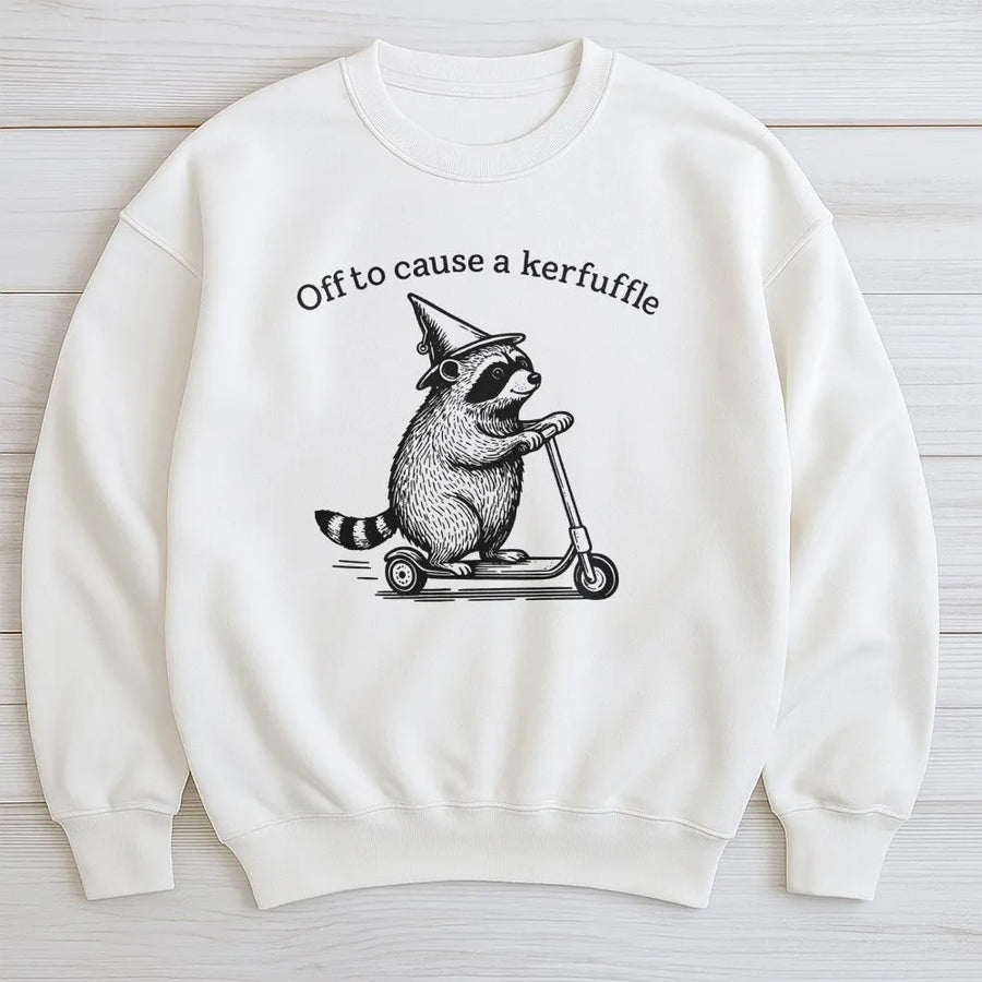 Raccoon Scooter Sweatshirt | Off To Cause A Kerfuffle Funny Graphic | Unisex Cotton Blend Premium Pullover | Unique Gift For Animal Lovers