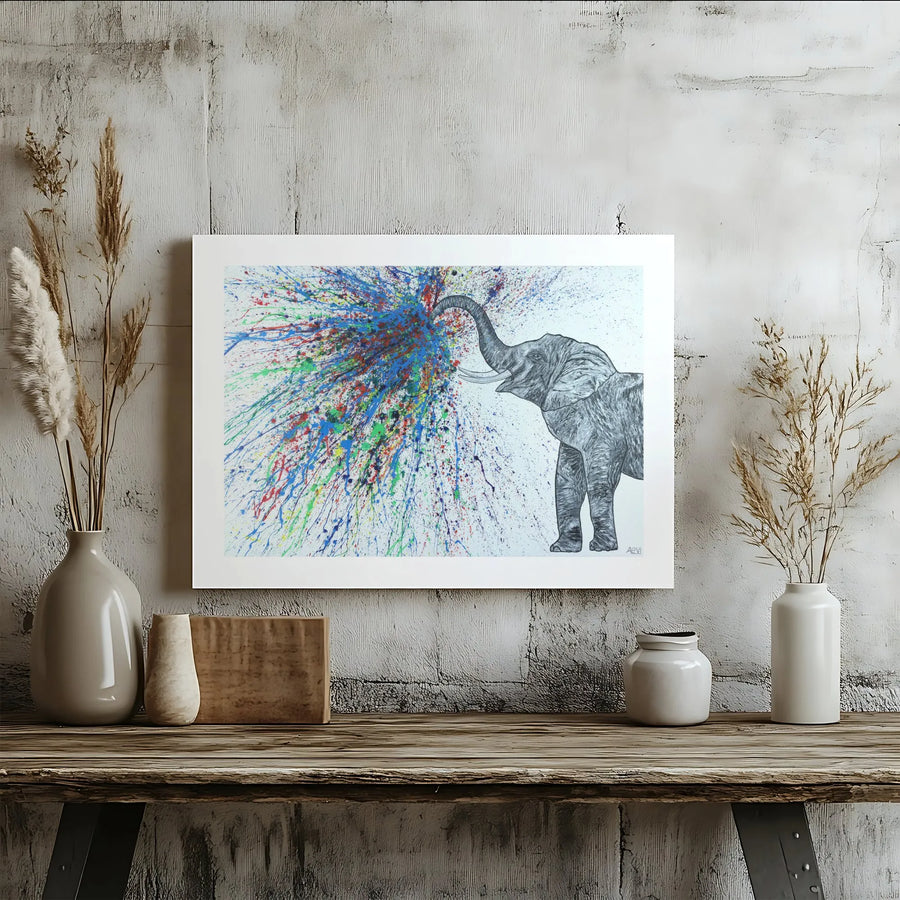 Elephant Canvas Wall Art | Colorful Paint Splatter Pop Art | Premium Gallery Wrapped Stretched Print | Modern Home Decor Gift for Animal Lovers