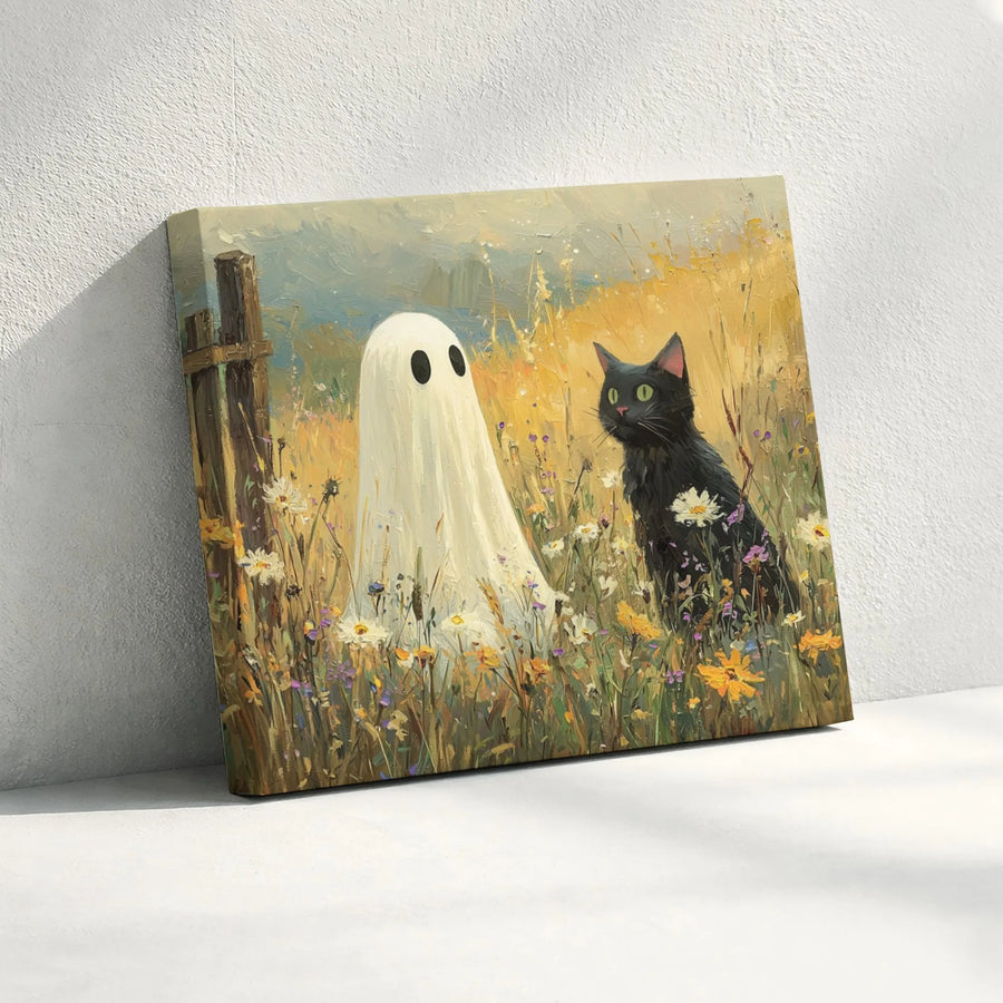 Ghost and Black Cat Canvas Art | Whimsical Wildflower Meadow Painting | Premium Gallery Wrap Print | Spooky Cute Halloween Home Decor