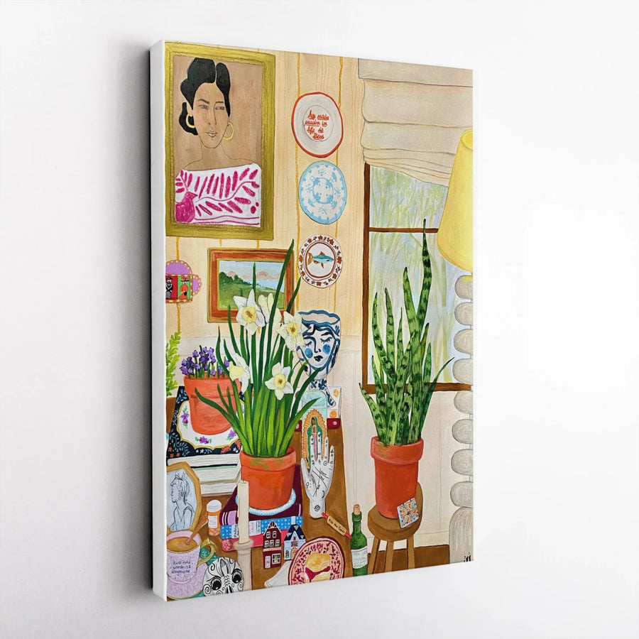 Eclectic Folk Art Canvas Print | Colorful Maximalist Still Life with Books & Plants | Premium Thick Gallery Wrap Canvas | Unique Bohemian Decor Gift for Her