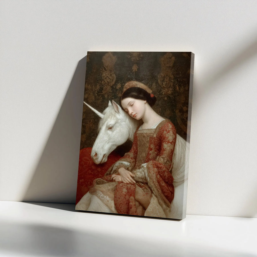 Unicorn and Maiden Canvas Wall Art | Renaissance Style Mythical Art Print | Premium Frameless Canvas | Collector's Fantasy Home Decor