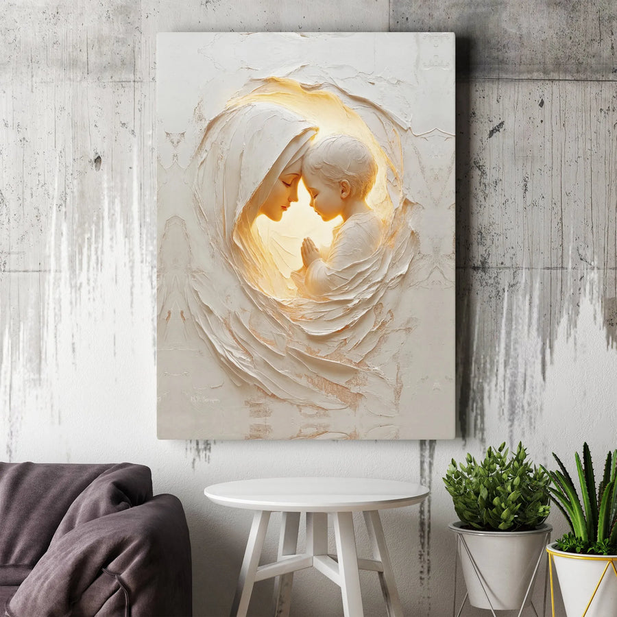 Virgin Mary and Jesus Canvas Wall Art | Serene Madonna and Child Praying Art | Premium Textured Relief Style Print | Religious Home Decor Gift for Christians