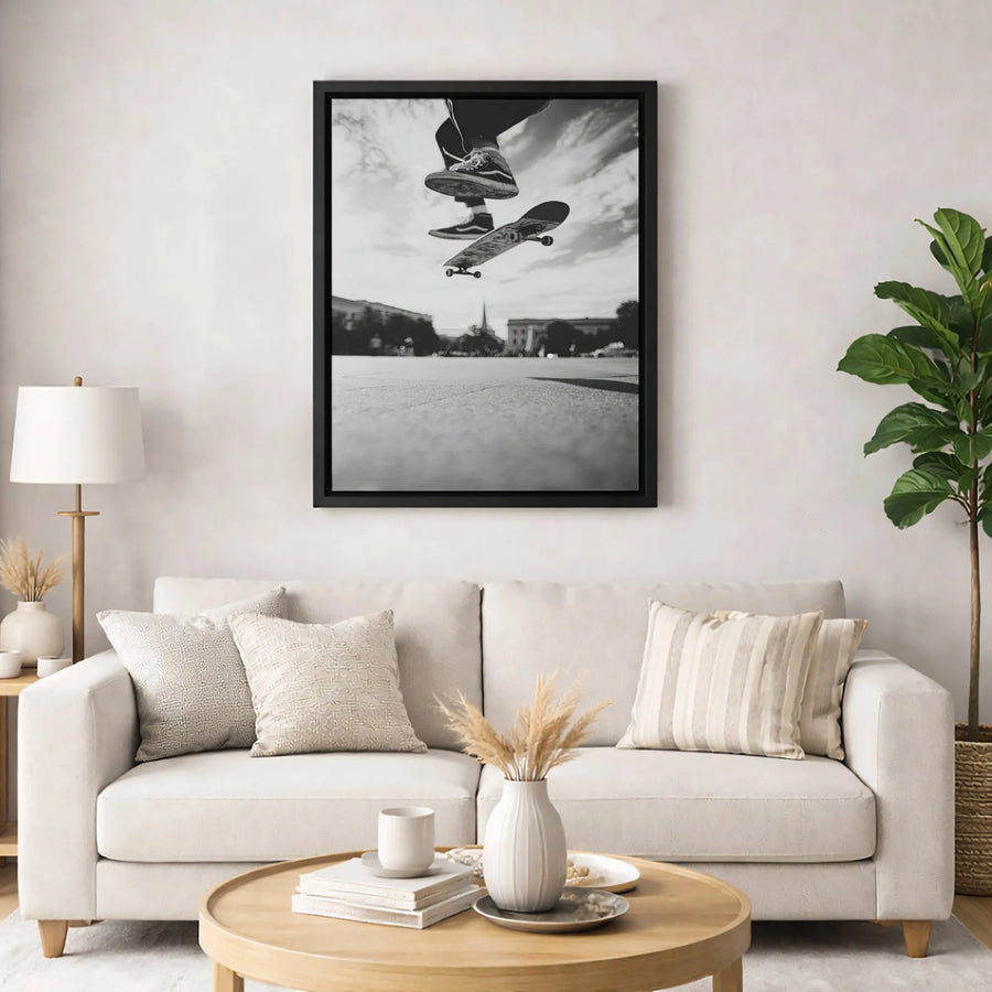 Skateboarder Wall Art Canvas | Black and White Action Jump Photography | 1.25 Inch Gallery Wrap Print | Modern Decor for Skater Bedroom or Office