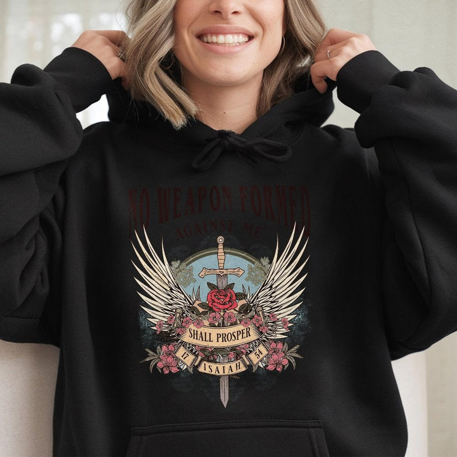 No Weapon Formed Against Me Hoodie | Isaiah 54:17 Bible Verse Design | Premium Cotton Blend | Faith-Based Christian Gift for Her & Him