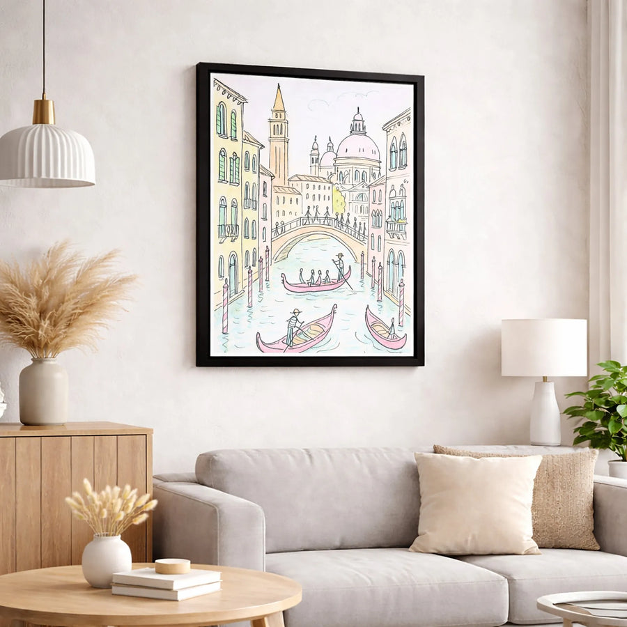 Venice Canal Canvas Wall Art | Whimsical Gondola Sketch | Premium Fade-Resistant Print | Italian Travel Decor Gift for Home
