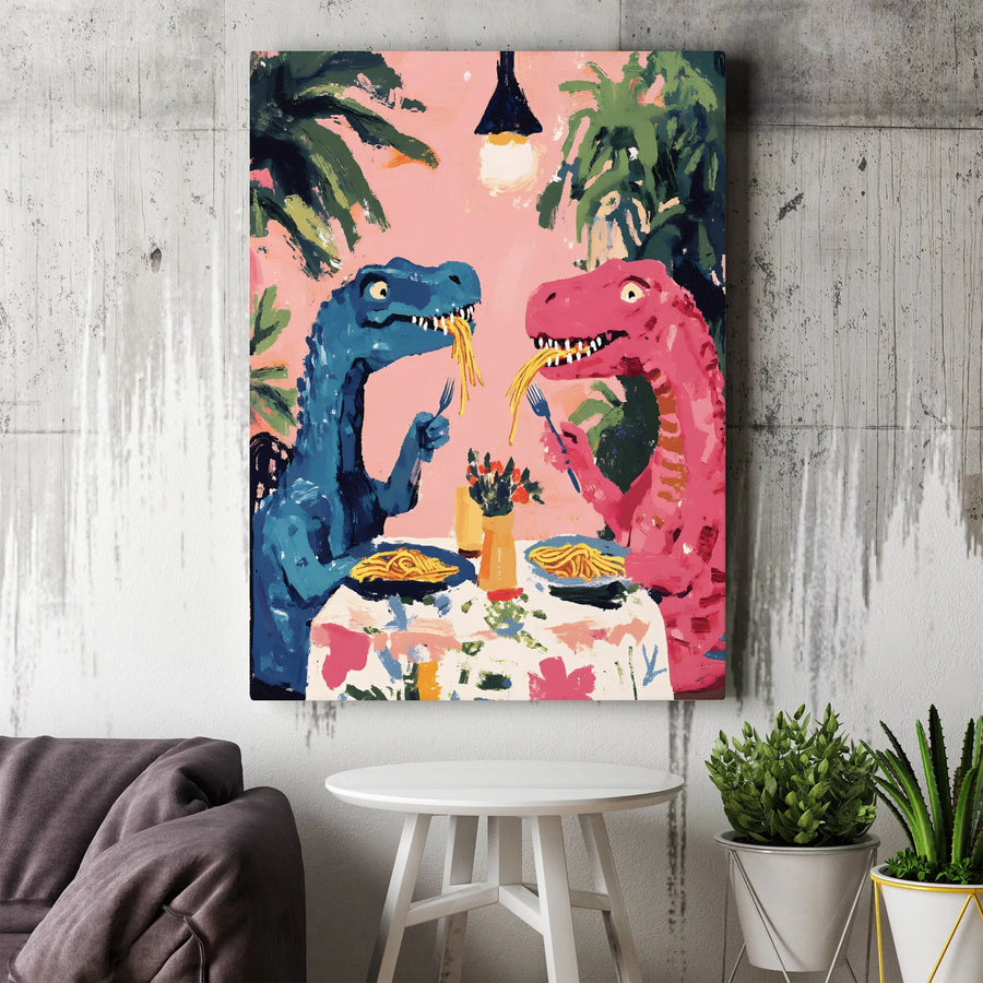 Dinosaur Spaghetti Date Canvas Print | Whimsical T-Rex Pasta Dinner Wall Art | Premium Gallery Wrapped Canvas | Quirky Kitchen & Home Decor Gift