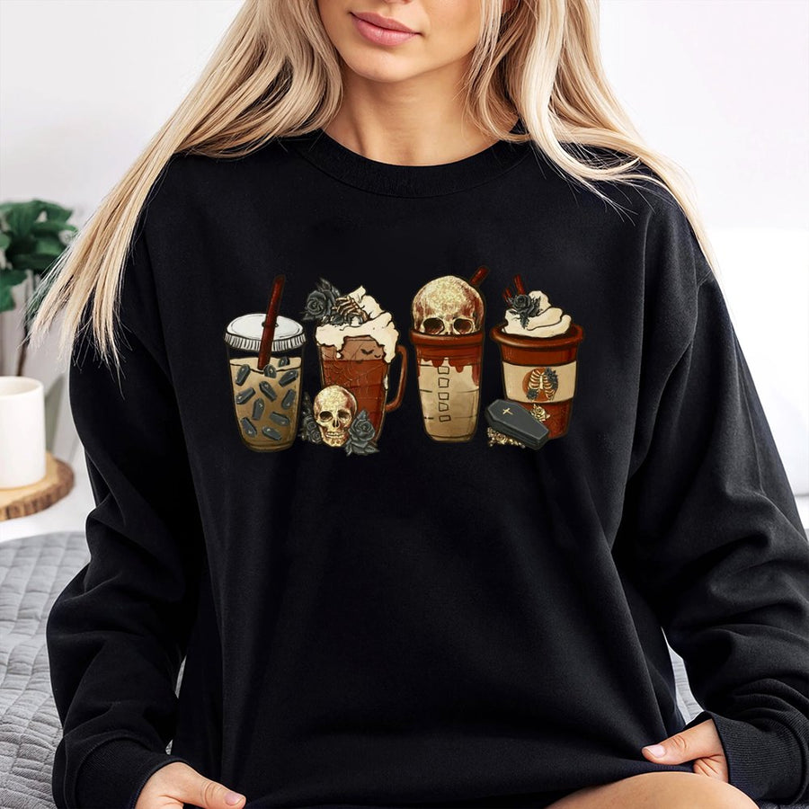 Gothic Coffee Sweatshirt | Spooky Skeleton Skull Iced Coffee Graphic | Soft Cotton-Blend Crewneck | Halloween Autumn Gift for Coffee Lovers