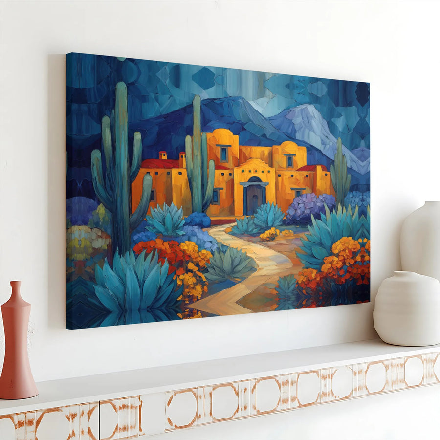 Southwestern Adobe Hacienda Canvas Art | Desert Landscape with Saguaro Cacti | Premium Gallery Wrap Wall Decor | Rustic Home Office Gift