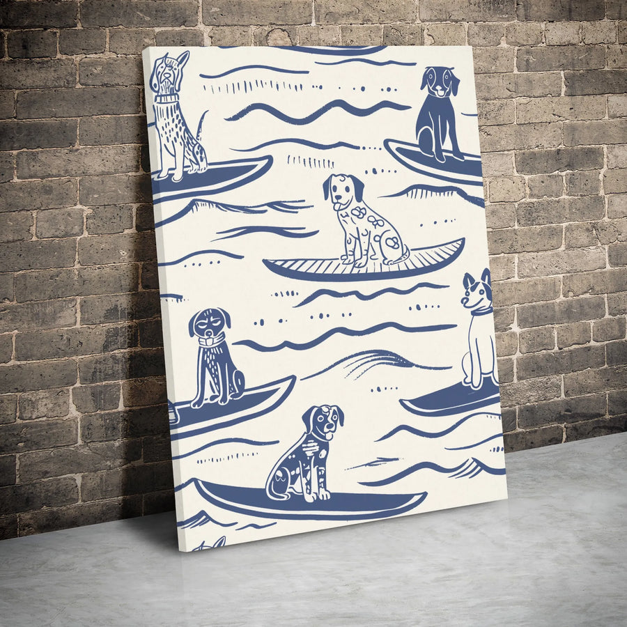 Surfing Dogs Canvas Wall Art | Playful Coastal Dog Illustration | Premium Gallery Wrap Wooden Frame | Beach House Decor Gift for Dog Lovers
