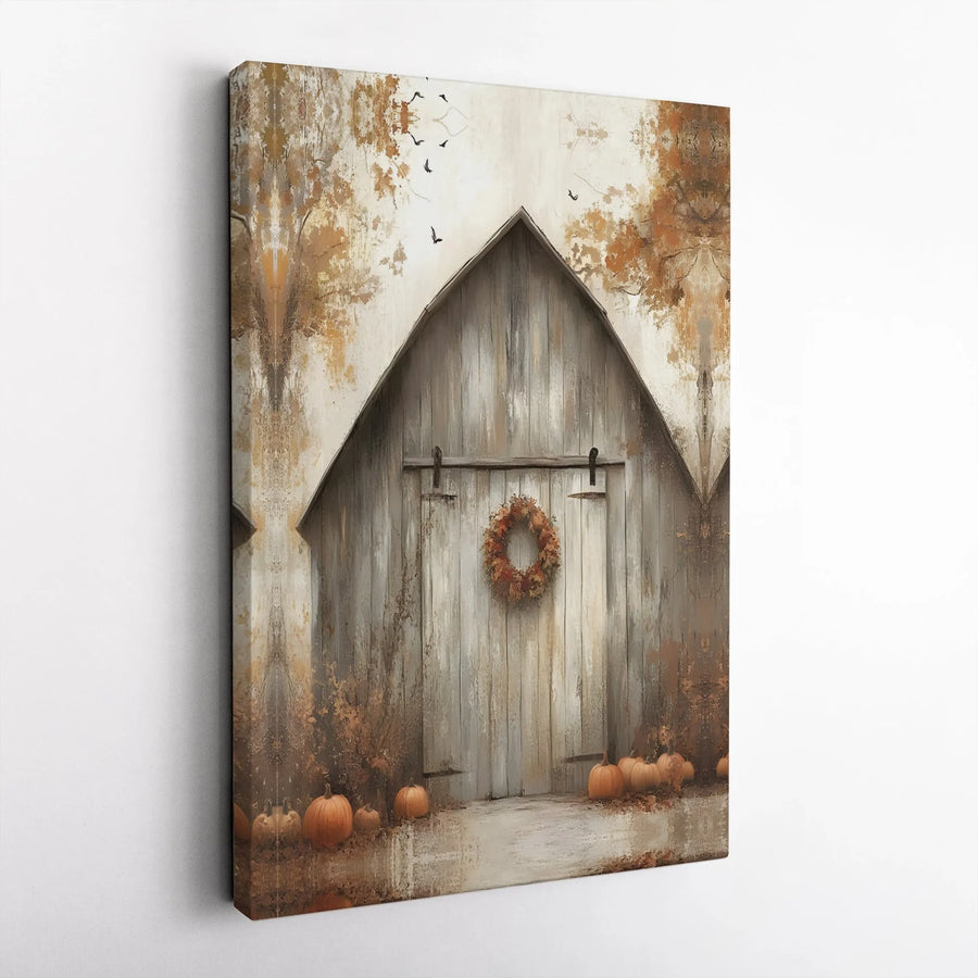 Rustic Autumn Barn Canvas Wall Art | Farmhouse Pumpkin Wreath Decor | Gallery-Quality 1.25" Profile Print | Seasonal Fall Living Room Gift