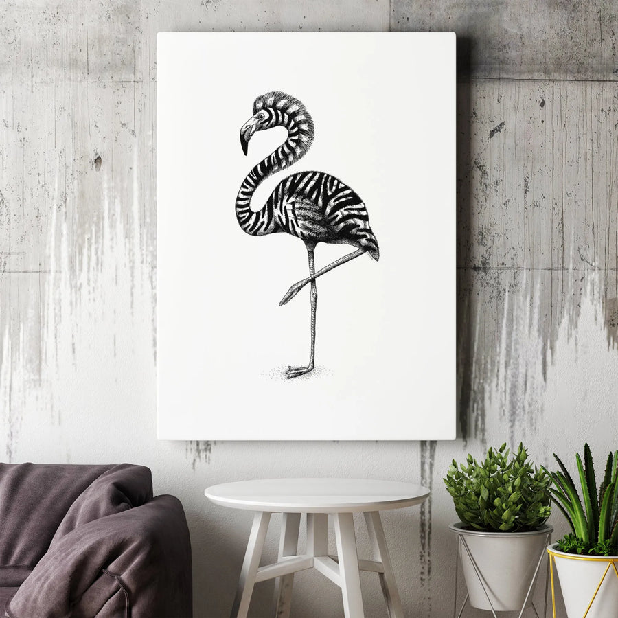 Zebra Print Flamingo Wall Art | Modern Black and White Animal Sketch | 1.25 Inch Gallery Wrap Canvas | Unique Home Office Decor Gift