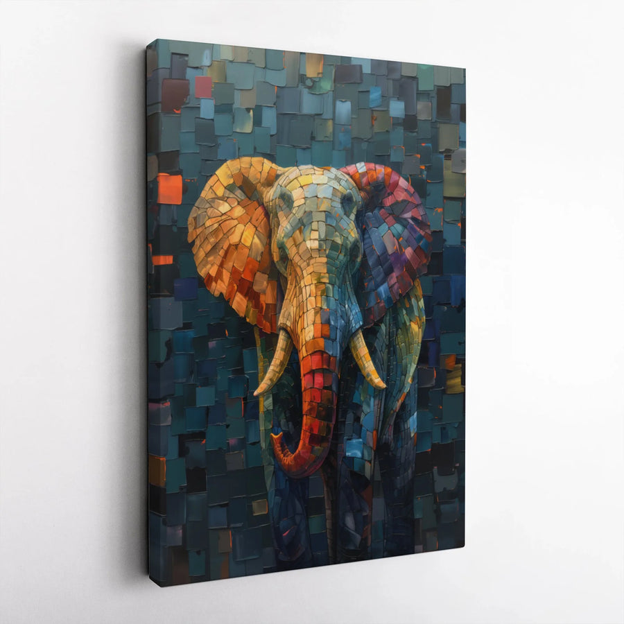 Colorful Elephant Canvas Art | Abstract Mosaic Animal Wall Decor | 1.25" Gallery Wrap Premium Print | Wildlife Home Office Gift