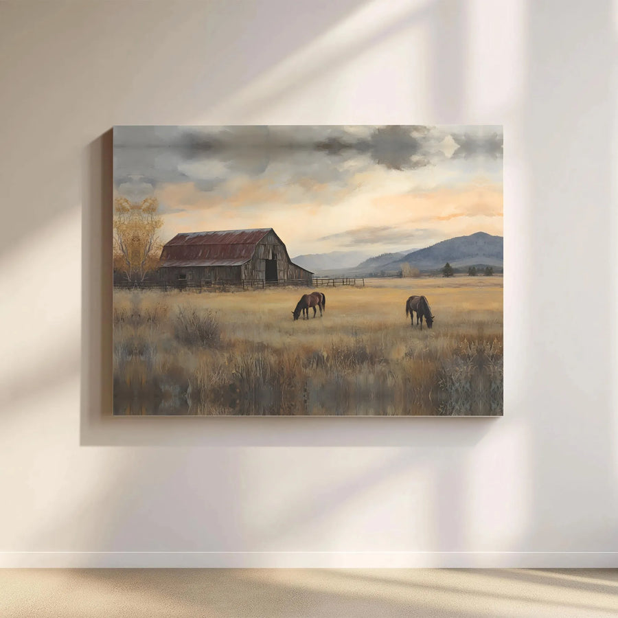 Rustic Farmhouse Canvas Print | Grazing Horses in Golden Field Landscape | 1.25" Premium Gallery Wrap | Country Home Decor Wall Art