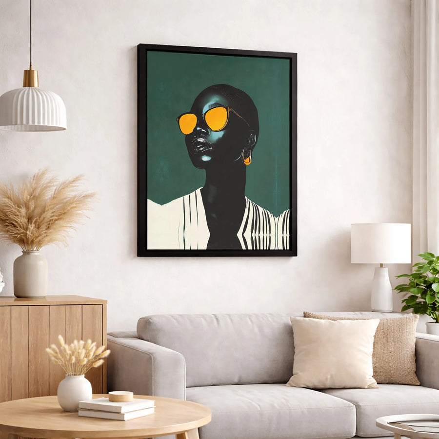 Black Woman Portrait Canvas Wall Art | Modern Fashion Illustration with Orange Sunglasses | Gallery-Quality Thick Profile | Stylish Home Decor Gift
