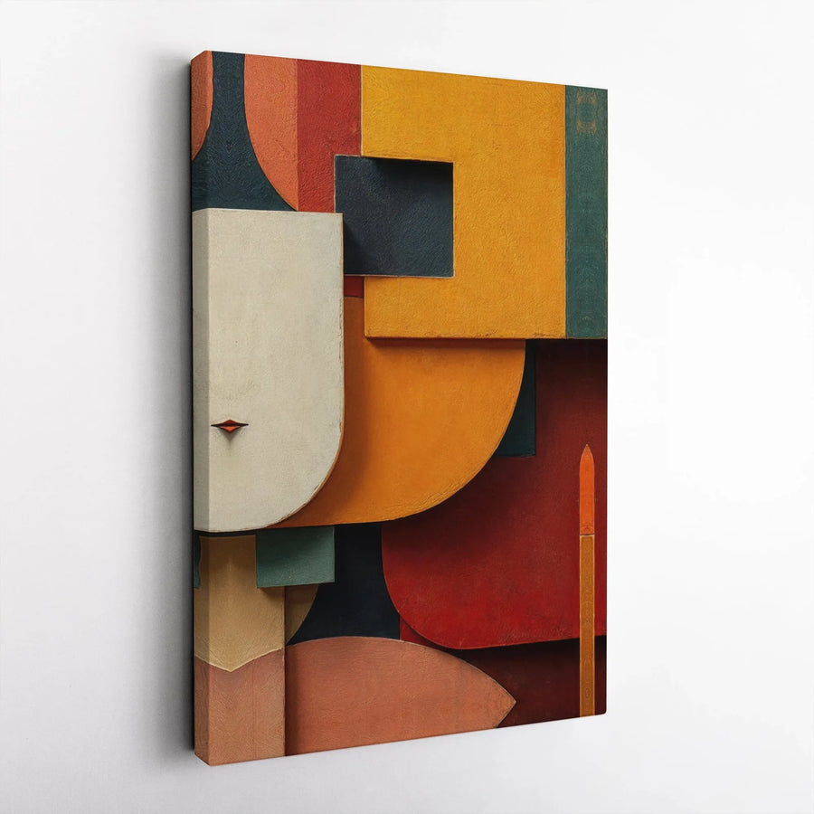 Abstract Geometric Face Wall Art | Mid-Century Modern Minimalist Print | Premium Gallery Wrapped Canvas | Earthy Tones Home Decor for Living Room