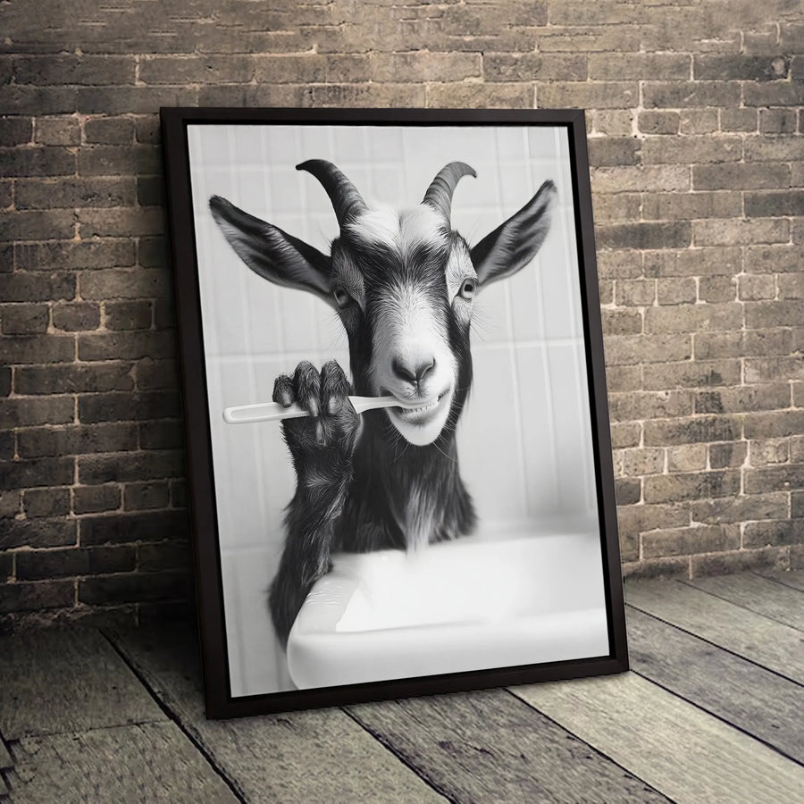 Funny Goat Brushing Teeth Canvas Art | Black and White Bathroom Wall Decor | Premium 1.25" Gallery Wrap | Whimsical Animal Farmhouse Gift