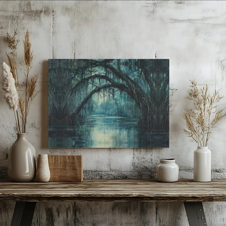 Mysterious Bayou Swamp Canvas Wall Art | Dark Moody Cypress Forest Landscape | Premium Gallery Wrap Print | Gothic Home Office Decor