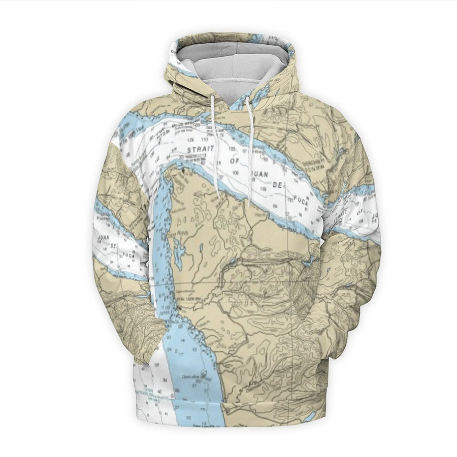 Strait of Juan de Fuca Nautical Map Hoodie | All-Over Print 3D Design | Soft Brushed Fleece | Sailor Gift for Mariners and PNW Coast Lovers