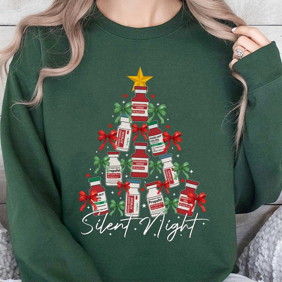 Silent Night Medical Christmas Sweatshirt | ICU Nurse Drug Vial Tree Graphic | Premium Cotton Blend | Funny Holiday Gift for Healthcare Workers