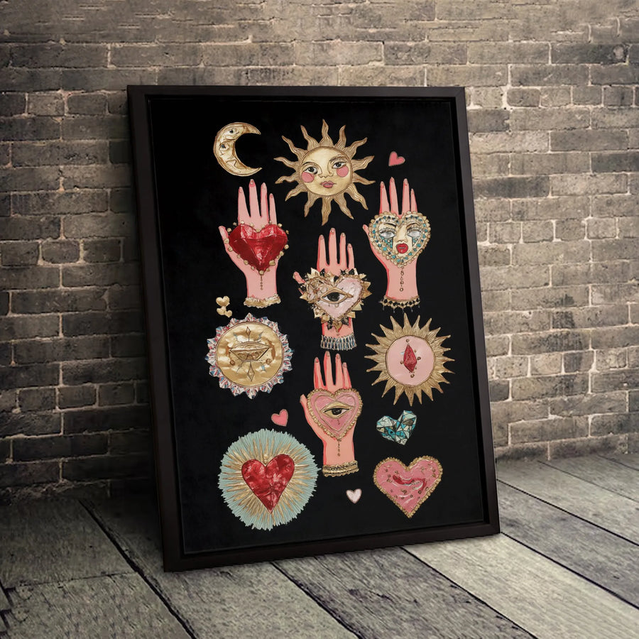 Mystical Sun and Moon Canvas Art | Sacred Heart and Hand Collage | Premium Gallery-Wrapped Wall Decor | Celestial Bohemian Gift for Home
