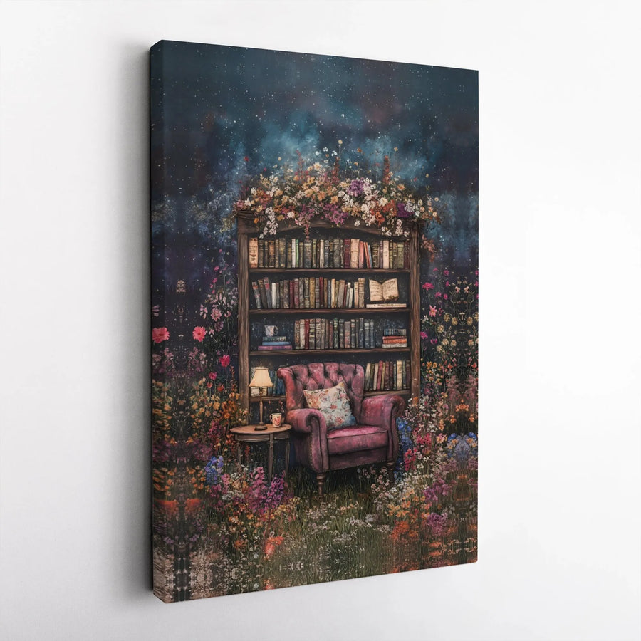 Magical Library Wall Art | Whimsical Reading Nook Bookish Decor | Premium Gallery-Wrapped Canvas | Enchanted Botanical Gift for Readers