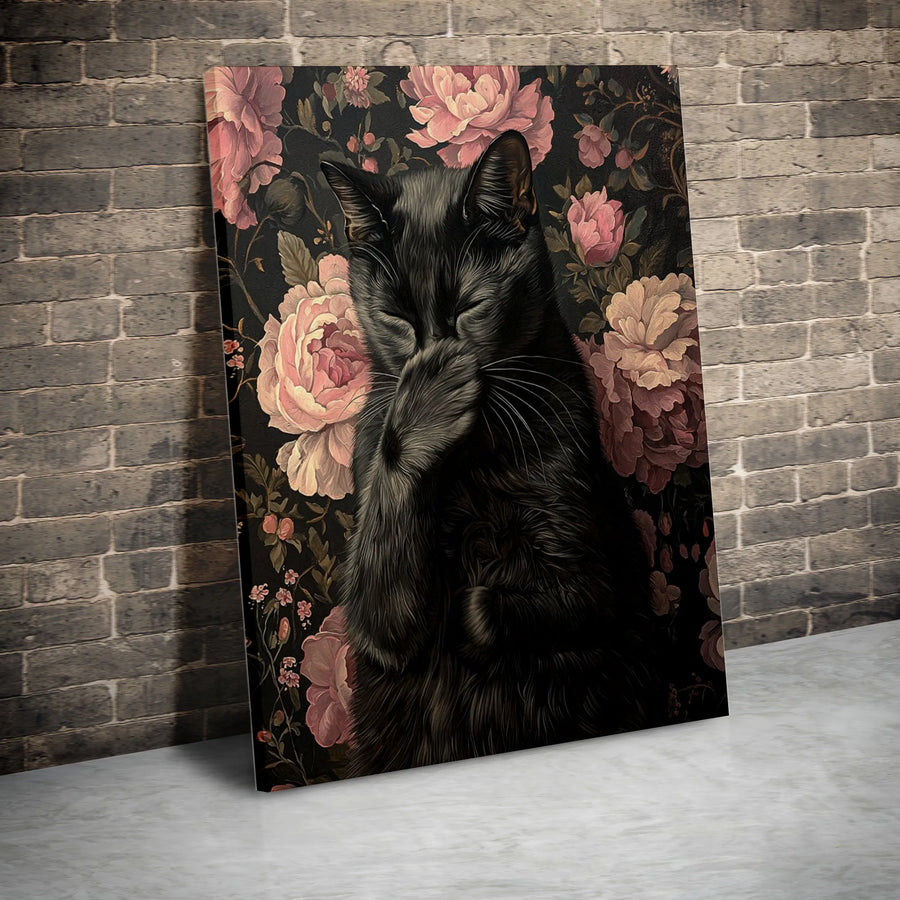 Black Cat Wall Art | Shy Kitty Covering Face Floral Canvas Print | Premium Gallery-Wrapped Decor | Unique Gift for Cat Lovers