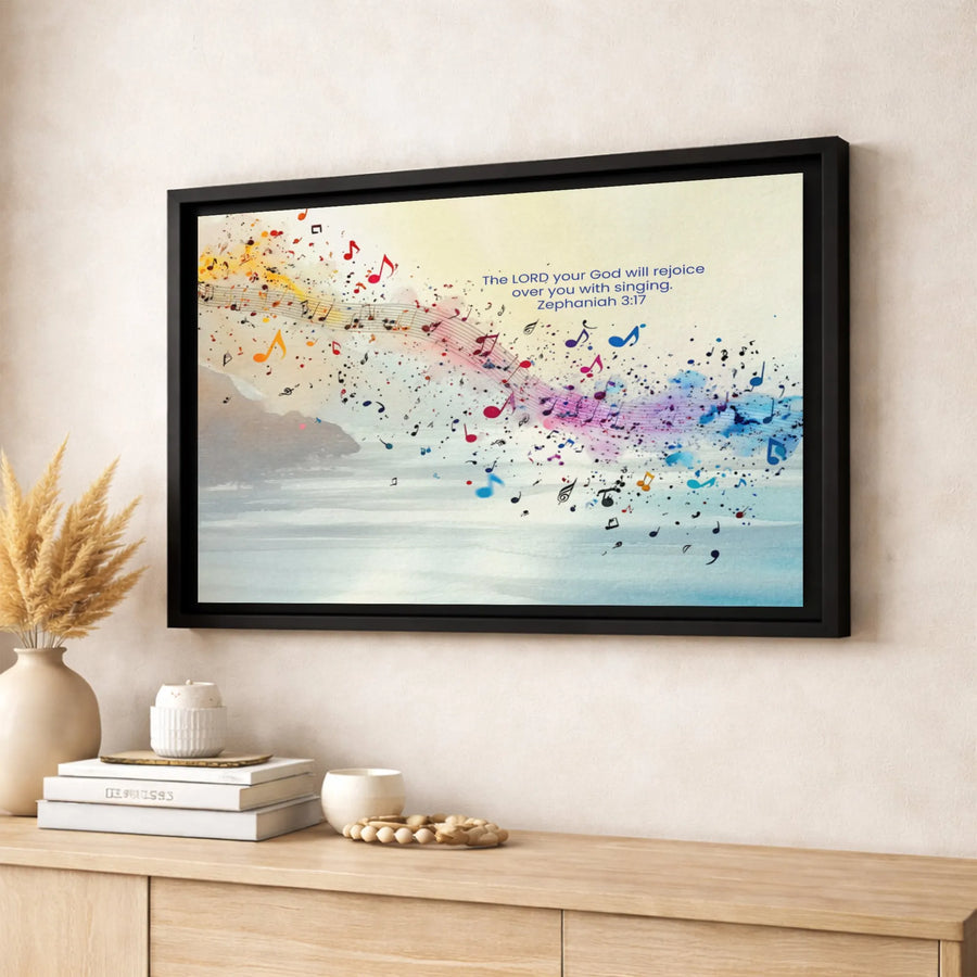 Zephaniah 3:17 Canvas Wall Art | Colorful Music Notes Scripture Decor | Premium Fade-Resistant Gallery Print | Christian Home Gift