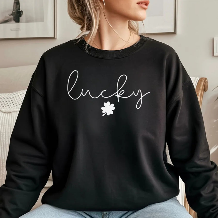 Lucky Clover Sweatshirt | Minimalist St Patricks Day Graphic | Soft Cotton-Blend Premium Crewneck | Unisex Holiday Gift for Her or Him