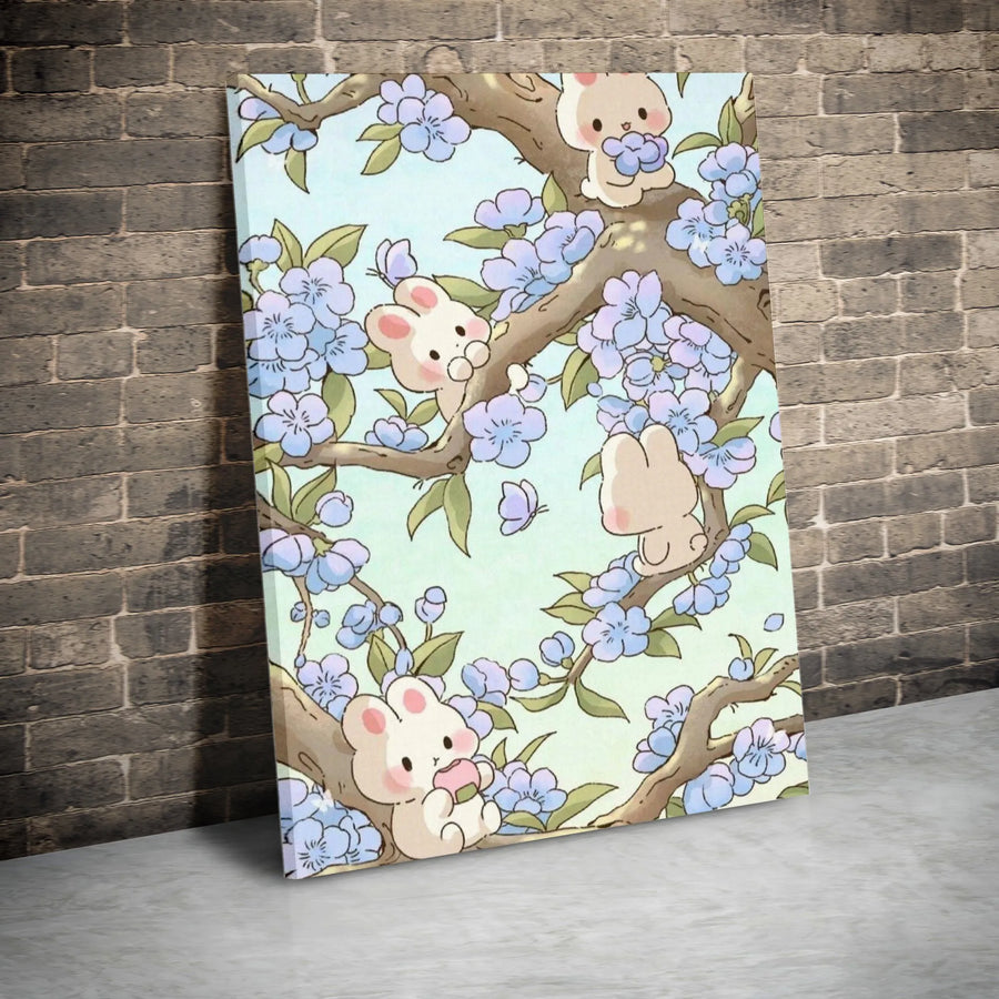 Kawaii Bunny Wall Art | Cute Rabbit and Blue Blossom Tree Print | Premium Gallery Wrapped Canvas | Nursery Decor and Whimsical Home Gift