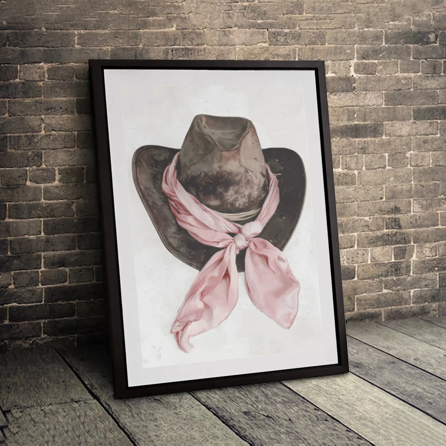 Cowboy Hat Wall Art | Pink Scarf Watercolor Print | Premium Gallery Canvas | Western Boho Home Decor Gift