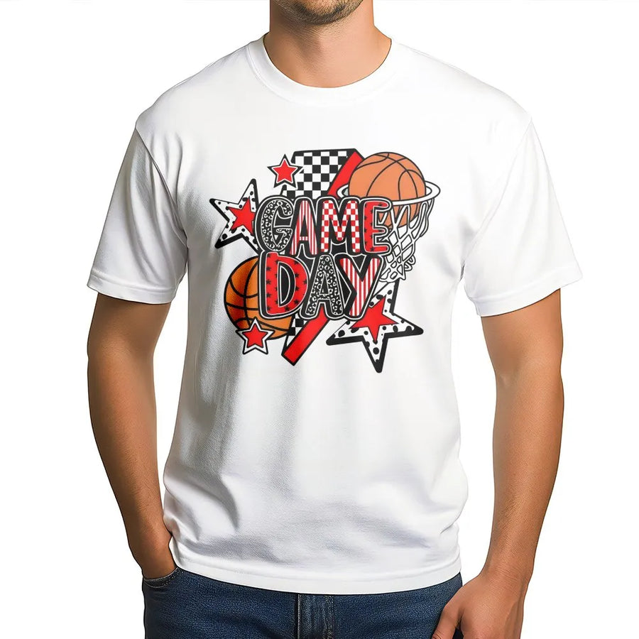 Game Day Basketball T-Shirt | Distressed Red & Black Sports Graphic | Premium Cotton Unisex Tee | Gift for Basketball Mom & Fan