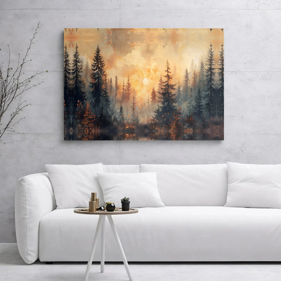 Misty Pine Forest Canvas Print | Golden Sunrise Lake Reflection Art | Premium Gallery Wrapped Wall Decor | Nature Inspired Landscape Gift