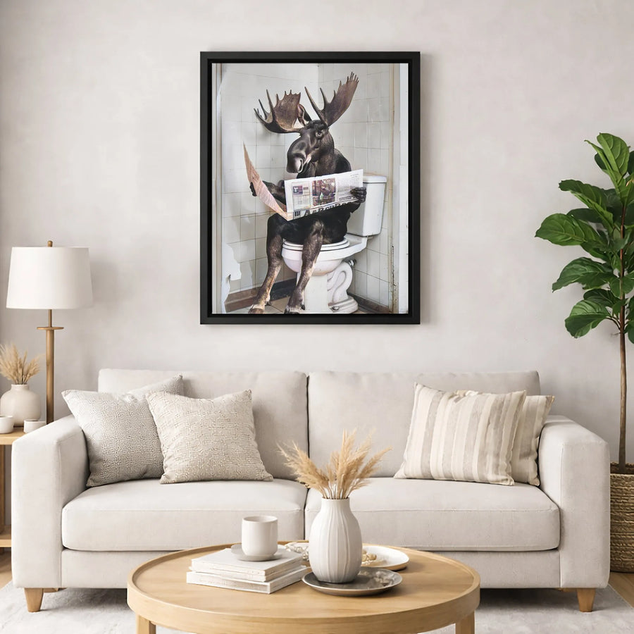 Funny Moose Wall Art | Quirky Animal Bathroom Decor | Premium Gallery Canvas | Humorous Gift for Wildlife Lovers
