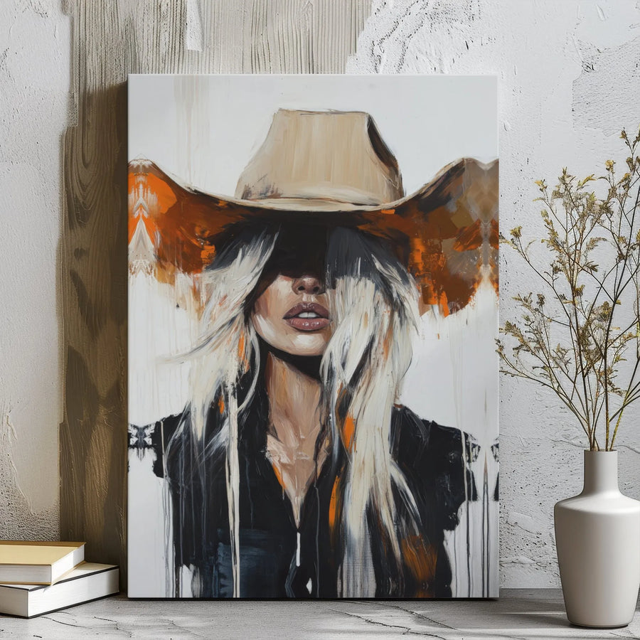 Cowgirl Canvas Wall Art | Abstract Western Portrait with Cowboy Hat | Premium Gallery Wrapped Print | Modern Farmhouse Home Decor Gift